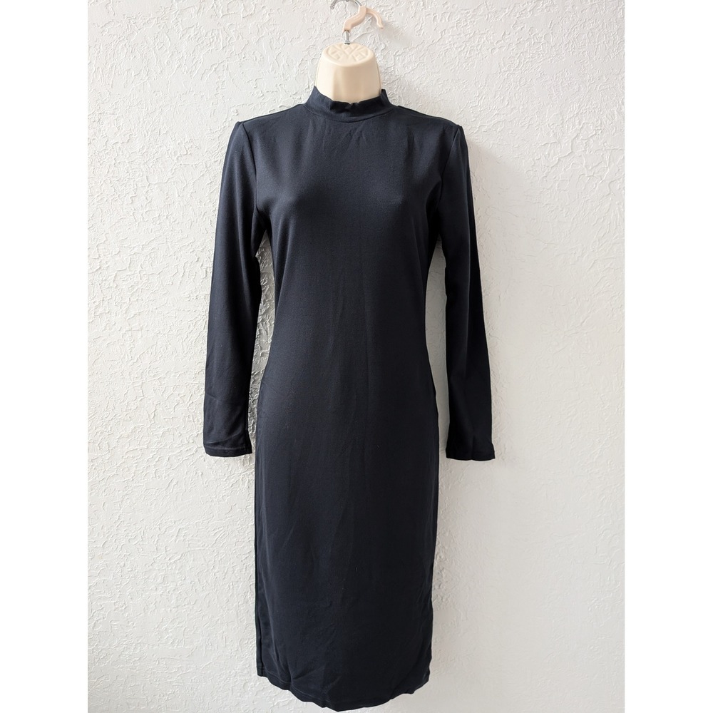American Apparel Dress Womens M Rayon Blend Black Mock Neck Keyhole Midi Bodycon